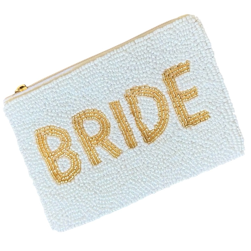 Handmade BRIDE Beaded Coin Purse White & Gold Zip Lipstick Pouch Card Holder New